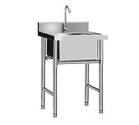 Fregadero de cocina comercial de acero inoxidable, 50 x 50 x 80 cm, independiente con grifos de agua fría y caliente, estante y cesta de drenaje, ideal para bares y camiones de alimentos
