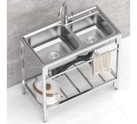Fregadero de cocina comercial de acero inoxidable con grifo caliente y frío, fregadero de catering de doble tazón para lavandería
