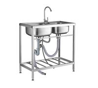 Fregadero de cocina comercial de acero inoxidable de doble tazón con Fau y escurridor, ideal para restaurante, cafetería, Ga, fregadero de uso al aire libre con estantes Sto
