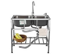 Fregadero de cocina comercial de acero inoxidable de doble tazón con fregadero Fau para lavandería, restaurante, catering, uso industrial, interior y exterior