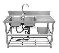 Fregadero De Cocina Comercial Independiente, 2 Cuencos, Lavabo De Acero Inoxidable, Restaurante Cocina Fregader Conjunto con Grifo Y Unidad De Drenaje, 120 × 50 × 80 cm