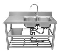 Fregadero De Cocina Comercial Independiente, 2 Cuencos, Lavabo De Acero Inoxidable, Restaurante Cocina Fregader Conjunto con Grifo Y Unidad De Drenaje, 120 × 50 × 80 cm