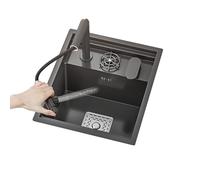 Fregadero de cocina compacto negro con tapa, diseño que ahorra espacio, sifón integrado, grifo multifunción de acero inoxidable, perfecto para caravanas y cocinas pequeñas (45 x 50 x 22 cm)
