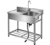 Fregadero de Cocina con Banco de Trabajo, Fregadero Comercial Independiente de Acero Inoxidable con Grifo, para Exterior, Garaje, Jardín, Fácil de Instalar, 1 Cubetas