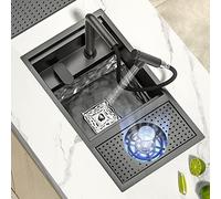 Fregadero de Cocina con Barra, lavavasos Oculto, minifregadero, Lavabo Individual con lavavasos, Fregadero de Cocina de un Solo Seno,Black-70 * 40Cm