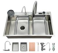 Fregadero de cocina con cascada, 80 x 50 cm, acero inoxidable cepillado 304, fregadero de cocina con pantalla digital, lavabo grande con cesta de drenaje, tabla de cortar, sifón, componente de desagüe
