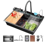 Fregadero de cocina con cascada de 80 x 50 cm, 1 lavabo de acero inoxidable, color negro y gris con nano-revestimiento, indicador de temperatura, lavado de tazas, rebosadero, sifón y desagüe - moderno