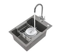 Fregadero de cocina con cesta de desagüe, 50 x 35 cm, juego de fregadero empotrable pequeño con 2 agujeros para grifo, lavabo rectangular, moderno fregadero de granito para cocinas, bares, lavanderías