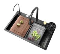 Fregadero de cocina con estación de trabajo, cuenco individual con grifo extraíble, tabla de cortar y accesorios, 75 x 46 x 21 cm, perfecto para lavavajillas eficiente y ahorro de espacio