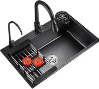 Fregadero De Cocina con Grifo Fregadero De Acero Inoxidable Fregadero Negro De Gran Capacidad Lavadora De Taza De Alta Presión Accesorios Incluidos (Color : Black, Size : 80x45x20c