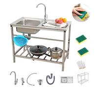Fregadero De Cocina con Patas Exterior Jardin Mueble Fregadero De Acero Inoxidable Portatil Lavamanos Industriales con Grifo Estante Y Escurridor Pila De Lavar para Jardin Camping Garaje Comercial