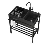 Fregadero de cocina con soporte de acero inoxidable 304, fregadero individual grande de una pieza for lavar verduras, fregadero lavavajillas de balcón, fregadero de pie, negro(Size:80 * 45cm)