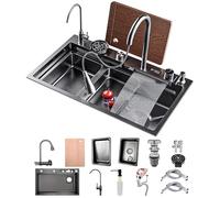 Fregadero de cocina de 50 cm de ancho con grifo extraíble, 1 lavabo de nanorrevestimiento de acero inoxidable, cascada negra y otros accesorios