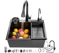 Fregadero de cocina de 55 x 45 cm, acero inoxidable 304, hecho a mano, con agujero para el gallinero, acero inoxidable satinado, 1 lavabo, color negro