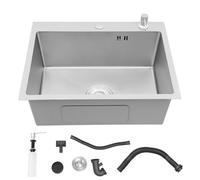 Fregadero de cocina de 55 x 45 cm, acero inoxidable, rectangular, empotrable, 1 lavabo, con 2 agujeros para grifo, incluye sifón y dispensador de jabón, lavabo de cocina para armario bajo a partir de