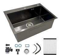 Fregadero de cocina de 60 x 45 cm, color negro y antracita, superficie resistente a los arañazos, de acero inoxidable, con escurridor, incluye escurreplatos, rebosadero de platos, 1 lavabo