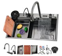 Fregadero De Cocina De 80 X 45 Cm Con Pantalla Digital - Fregadero De Cascada De Un Solo Seno De Gran Capacidad, Juego De Accesorios Para Barra De Trabajo Para Cocinas Modernas, 3177 Nero B 80 X 50 X