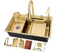 Fregadero De Cocina De 80 X 45 Cm Con Pantalla Digital - Fregadero De Cascada De Un Solo Seno De Gran Capacidad, Juego De Accesorios Para Barra De Trabajo Para Cocinas Modernas, 3177 Dorado, 75 X 45