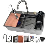 Fregadero De Cocina De 80 X 45 Cm Con Pantalla Digital - Fregadero De Cascada De Un Solo Seno De Gran Capacidad, Juego De Accesorios Para Barra De Trabajo Para Cocinas Modernas, 3177 Negro A. 75 X 50