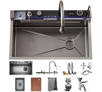 Fregadero de cocina de 85 x 50 cm, 1 bañera, fregadero de cocina en cascada de acero inoxidable, fregadero de cocina negro antracita, fregaderos de cocina con grifo extraíble, sifón, dispensador de