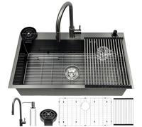 Fregadero de cocina de 85 x 50 cm, 1 lavabo, acero inoxidable negro antracita, fregadero de cocina con grifo, escurridor, lavavajillas para vasos, dispensador de jabón, sifón y desagüe, fregadero