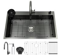 Fregadero de cocina de 85 x 50 cm, acero inoxidable negro antracita, 1 cuenco, fregadero grande, fregadero de cocina con grifo, escurridor, lavavajillas para vasos, dispensador de jabón, sifón y