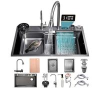 Fregadero de cocina de 85 x 50 cm con grifo de cascada, juego de lavabo individual de acero inoxidable, color negro y gris, incluye tabla de cortar a presión, cesta de drenaje, ideal para uso