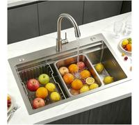 Fregadero de cocina de acero inoxidable 304, 60 x 50 cm, 1 lavabo con escurridor, fregadero multifunción con escurridor, sifón, desagüe y juego de rebosadero, fregadero cepillado para cocina y bar
