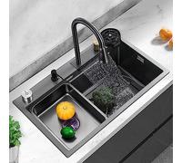 Fregadero de cocina de acero inoxidable 304 con cascada, fregadero integrado con grifo desmontable, dos cascadas, juego de fregadero doméstico (77 x 42 x 20 cm)