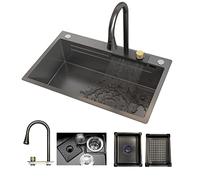 Fregadero de Cocina de Acero Inoxidable 304 de 68 x 45 cm, Grifo de Cascada extraíble, Cuenco Grande Individual con Revestimiento Nano, Color Negro Antracita.