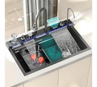 Fregadero de cocina de acero inoxidable 304 de color negro, con cascada, de un solo tazón, con pantalla digital multifuncional y grifo extraíble Fly Rain (negro, 75 x 45 x 22 cm) (negro, 80 x 45