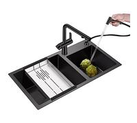 Fregadero de Cocina de Acero Inoxidable 304 encimera de Cocina Fregadero Doble Nano Fregadero de Cocina de Doble Seno Mezclador 3 en 1 Pistola,Negro-78 * 43 * 22cm