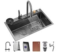 Fregadero de cocina de acero inoxidable 304, fregadero de barra de un solo cuenco, grifo desplegable de cascada y juego completo de accesorios de doble montaje (tamaño: 75 x 45 x 22 cm)