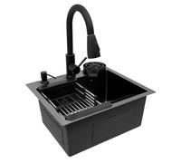 Fregadero de cocina de acero inoxidable, 45 x 40 cm, color negro, con grifo extraíble y lavavajillas para tazas, fregadero empotrable angular, 1 lavabo, para encimeras a partir de 45 cm, incluye