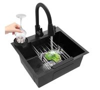 Fregadero de cocina de acero inoxidable, 50 x 45 cm, fregadero negro integrado, con grifo extensible y lavavajillas para tazas, fregadero de cocina con tubo de drenaje, dispensador de jabón
