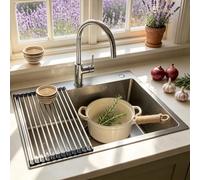 Fregadero de Cocina de Acero Inoxidable 60x45 cm 1 Seno con Escurridor Enrollable, Dispensador de Jabón, Sifón y Kit de Desagüe - Sobre Encimera o Enrasado, Ideal para Caravana, Cocina Pequeña y Barra
