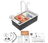 Fregadero de cocina de acero inoxidable, 68 x 46 cm, 1 lavabo, fregadero de bar multifuncional con grifo extensible, lavadora de tazas y juego completo de accesorios (blanco, 68 x 46 x 22 cm)