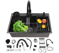 Fregadero de cocina de acero inoxidable, 72 x 45 cm, color negro, con grifo extensible y lavavajillas para tazas, 1 lavabo, incluye tubo de drenaje, dispensador de jabón, cesta colador