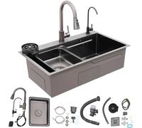 Fregadero de cocina de acero inoxidable, 75 x 45 x 22 cm, con grifo extraíble y lavavajillas para tazas, incluye tubo de drenaje, grifo de purificación de agua, fregadero interior de repuesto, 1