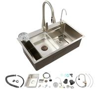 Fregadero de cocina de acero inoxidable, 75 x 45 x 22 cm, con grifo extraíble y lavavajillas para tazas, incluye tubo de drenaje, grifo de purificación de agua, fregadero interior de repuesto, 1