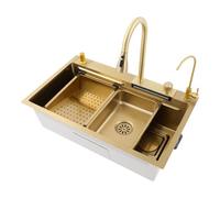 Fregadero de cocina de acero inoxidable, 75 x 46 x 22 cm, juego de fregadero de cocina con grifos extensibles y tabla de cortar, fregadero de cocina, para hogares, baños, balcones, etc. (dorado)