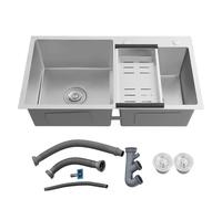 Fregadero de cocina de acero inoxidable 78 x 43 cm, cuenco doble con agujeros para grifo, 2 cuencos, fregadero empotrable con cesta colador, fregadero de cocina de acero inoxidable con sifón y