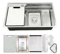 Fregadero De Cocina De Acero Inoxidable Cepillado, 1 Seno 80x50 Cm - Con 2 Orificios Para Grifo Y Desagüe En Lado Izquierdo - Incluye Tabla De Cortar Doble Cara Y Rejilla De Escurrir