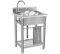 Fregadero de cocina de acero inoxidable con 1 bandeja para fregadero de restaurante, comercial, portátil, con pie, lavabo, para cocina, restaurante, garaje, jardín, autocaravana, 55 x 50 x 85 cm