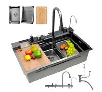Fregadero de cocina de acero inoxidable con cascada de 68 x 45 cm, fregadero negro con grifo multifunción, 1 lavabo con grifo extensible, tubo de drenaje, sifón, lavavajillas para vasos, fregadero
