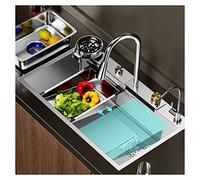 Fregadero de cocina de acero inoxidable con cascada integrado y grifo extraíble, cuenco grande con nano revestimiento, kit de estación de trabajo de granja (plata, 75 x 45 cm)