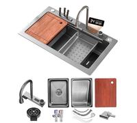 Fregadero De Cocina De Acero Inoxidable Con Cascada Y Grifo Extraíble Fregadero De Un Solo Tazón Con Montaje Superior Con Revestimiento Nanométrico Con Accesorios, Lavadora De Ollas A Presión, Tabla D