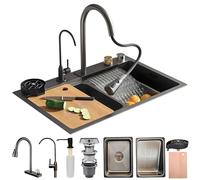 Fregadero De Cocina De Acero Inoxidable Con Cascada Y Grifo Extraíble Fregadero De Un Solo Tazón Con Montaje Superior Con Revestimiento Nanométrico Con Accesorios, Lavadora De Ollas A Presión, Tabla D