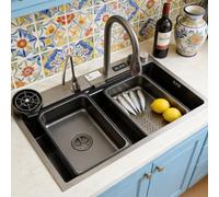 Fregadero De Cocina De Acero Inoxidable Con Cascada Y Grifo Extraíble Fregadero De Un Solo Tazón Con Montaje Superior Con Revestimiento Nanométrico Con Accesorios, Lavadora De Ollas A Presión, Tabla D