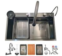 Fregadero de cocina de acero inoxidable con diseño de cascada, multifunción, color negro, 75 x 45 cm, ideal para cocinas modernas